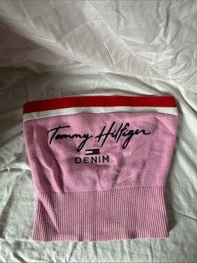Tommy Hilfiger Pink Strapless Denim Logo Bandeau with Red Trim